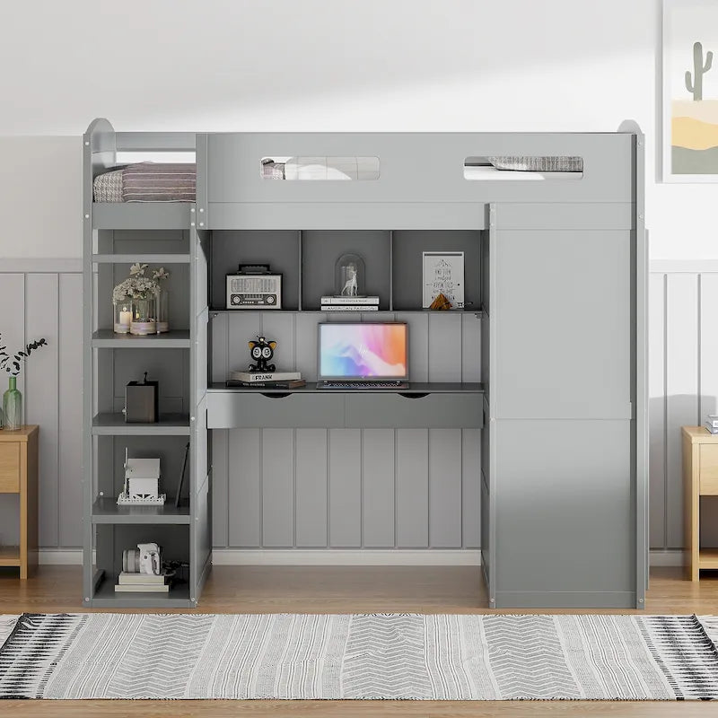 Twin Size Loft Bed with Desk, Wardrobes, 4 Drawers and 4 Shelves