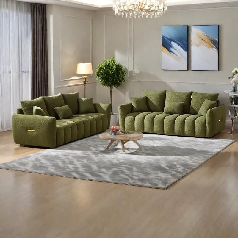 6-Seat Teddy Fabric Sofa with Wooden Frame and Throw Pillows