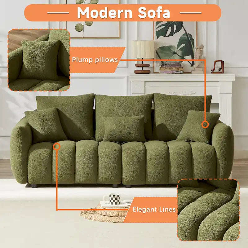 6-Seat Teddy Fabric Sofa with Wooden Frame and Throw Pillows