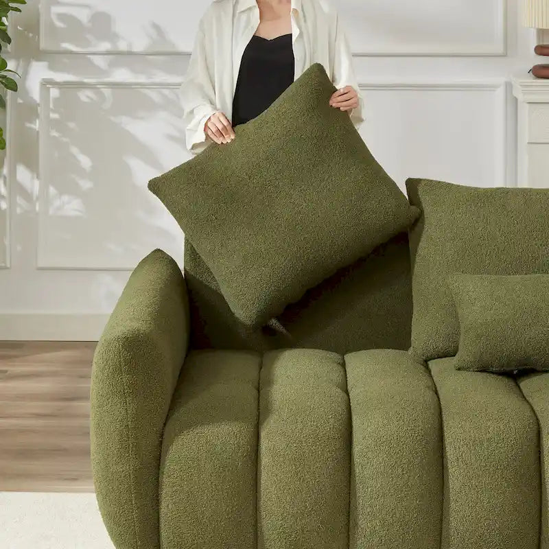 6-Seat Teddy Fabric Sofa with Wooden Frame and Throw Pillows