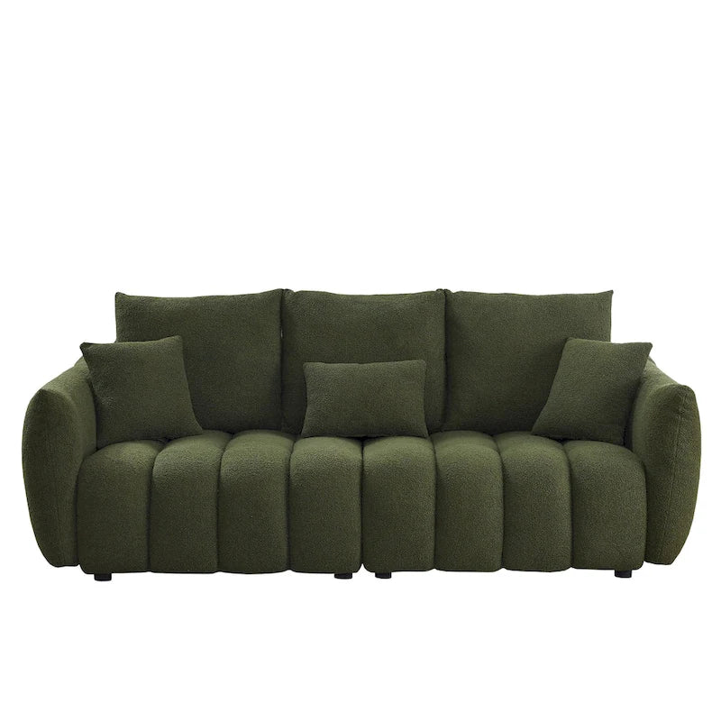 6-Seat Teddy Fabric Sofa with Wooden Frame and Throw Pillows