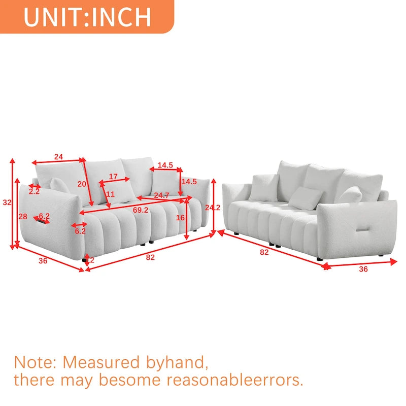 6-Seat Teddy Fabric Sofa with Wooden Frame and Throw Pillows