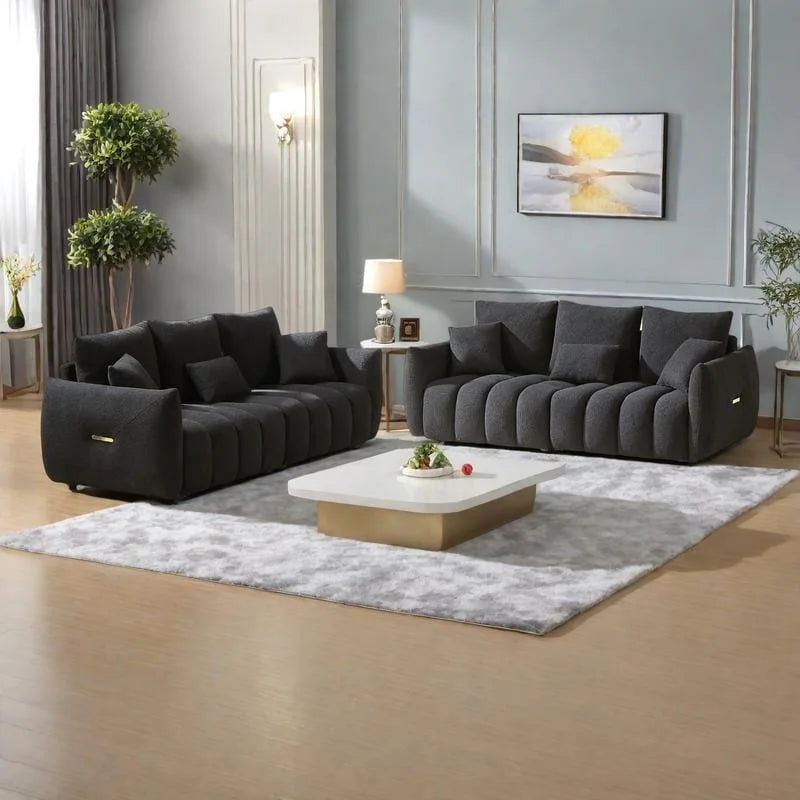 6-Seat Teddy Fabric Sofa with Wooden Frame and Throw Pillows