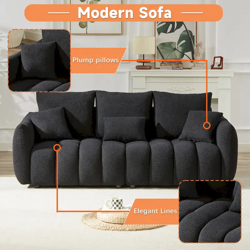 6-Seat Teddy Fabric Sofa with Wooden Frame and Throw Pillows