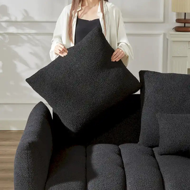 6-Seat Teddy Fabric Sofa with Wooden Frame and Throw Pillows