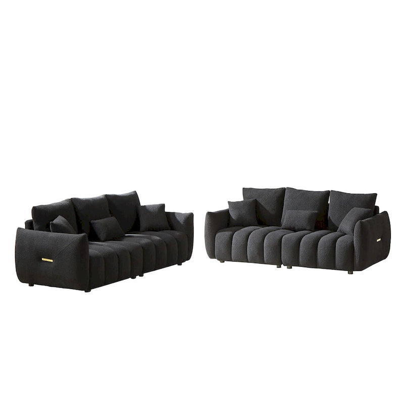 6-Seat Teddy Fabric Sofa with Wooden Frame and Throw Pillows