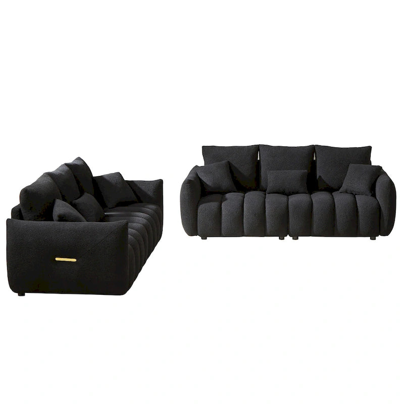 6-Seat Teddy Fabric Sofa with Wooden Frame and Throw Pillows