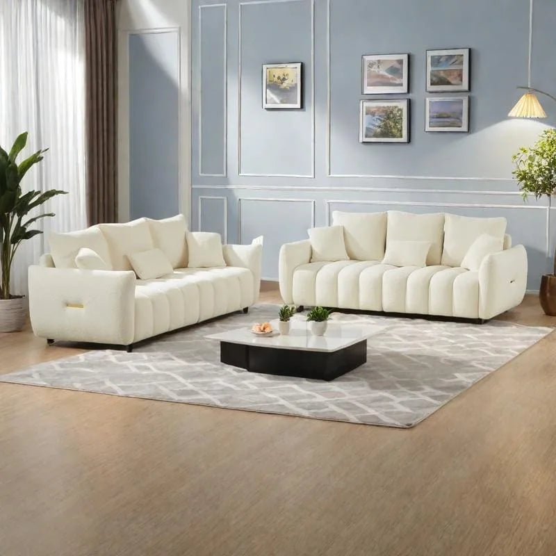 6-Seat Teddy Fabric Sofa with Wooden Frame and Throw Pillows