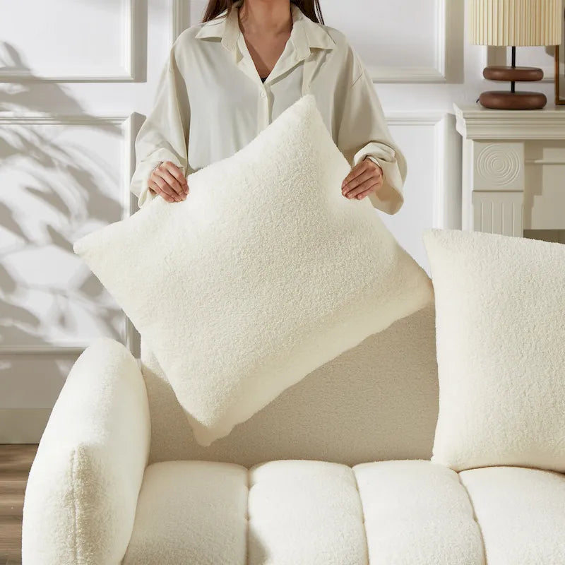 6-Seat Teddy Fabric Sofa with Wooden Frame and Throw Pillows