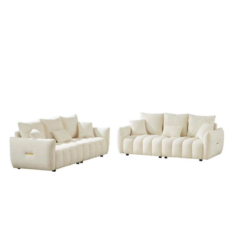 6-Seat Teddy Fabric Sofa with Wooden Frame and Throw Pillows