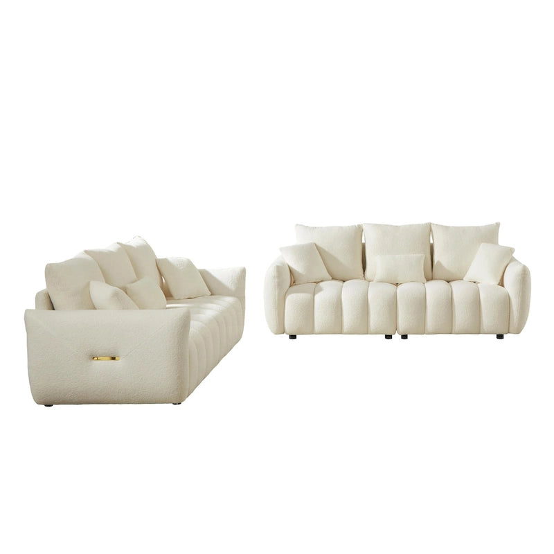 6-Seat Teddy Fabric Sofa with Wooden Frame and Throw Pillows