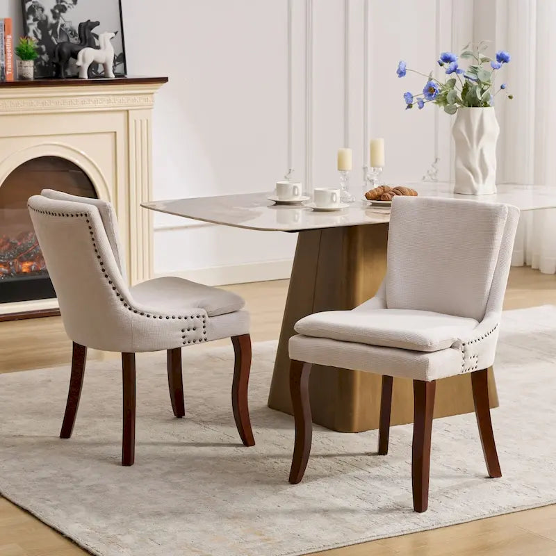 Double-layer Cushioned Dining Chair Chenille Mid-Back with Nailhead Trim and Bent Wood Legs