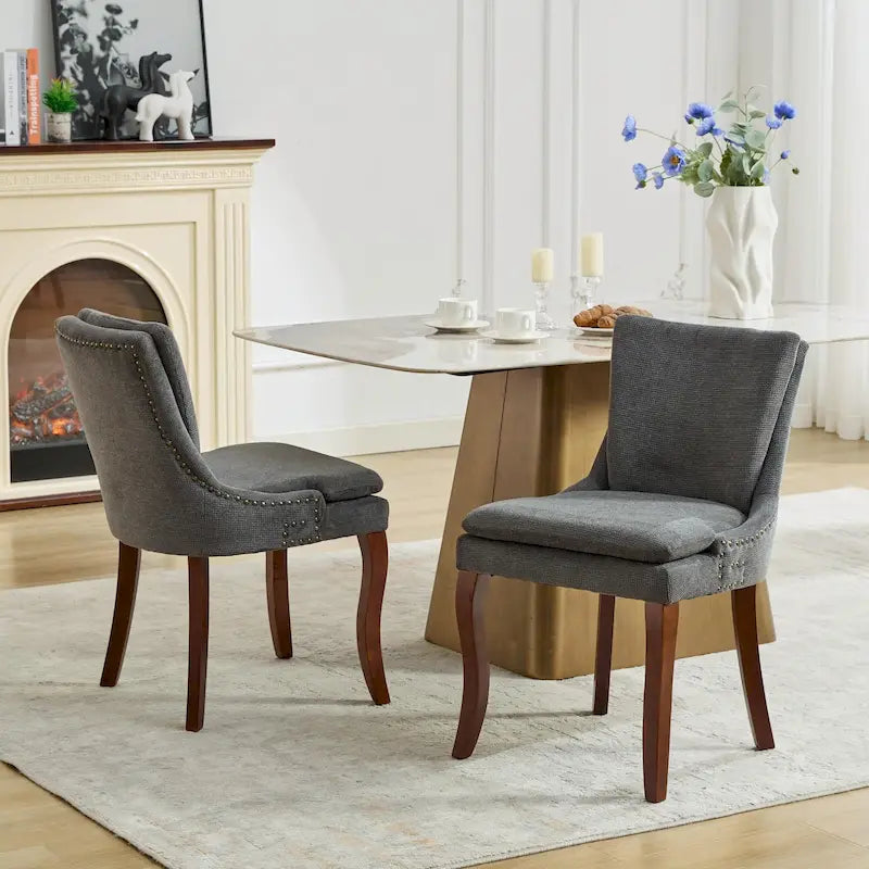 Chaise de salle à manger double épaisseur rembourrée, en chenille, dossier mi-hauteur avec garniture cloutée et pieds en bois courbé