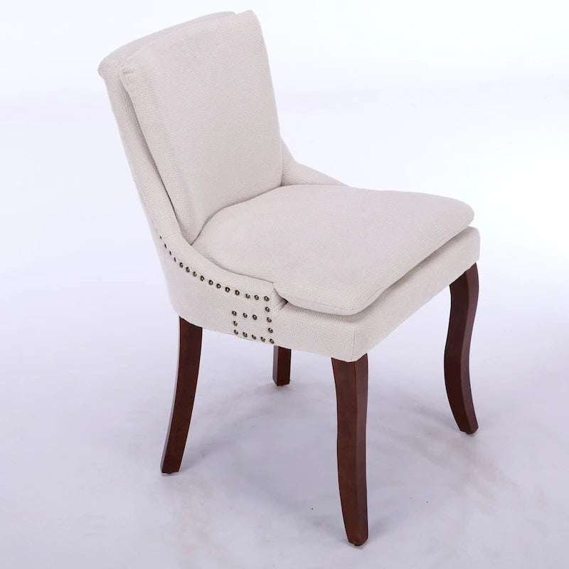 Double-layer Cushioned Dining Chair Chenille Mid-Back with Nailhead Trim and Bent Wood Legs