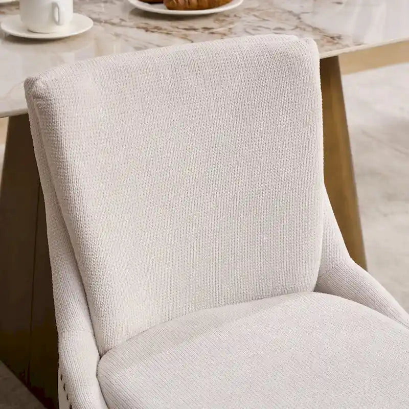 Double-layer Cushioned Dining Chair Chenille Mid-Back with Nailhead Trim and Bent Wood Legs