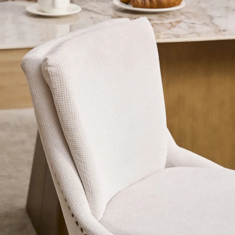 Double-layer Cushioned Dining Chair Chenille Mid-Back with Nailhead Trim and Bent Wood Legs