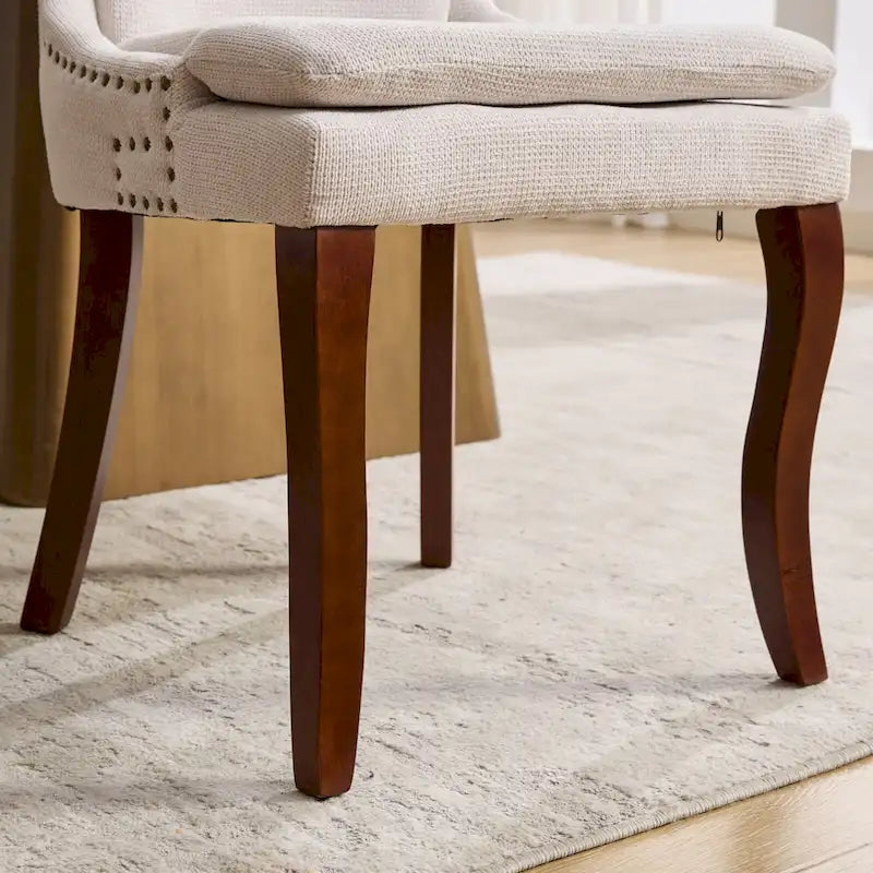 Double-layer Cushioned Dining Chair Chenille Mid-Back with Nailhead Trim and Bent Wood Legs