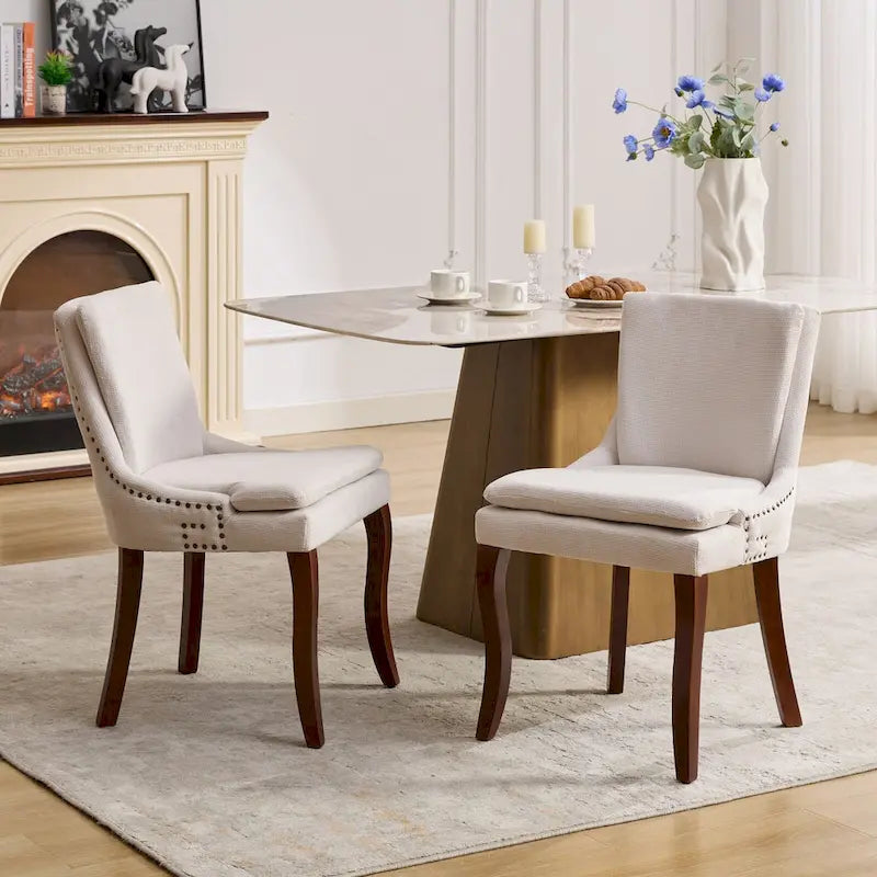 Double-layer Cushioned Dining Chair Chenille Mid-Back with Nailhead Trim and Bent Wood Legs