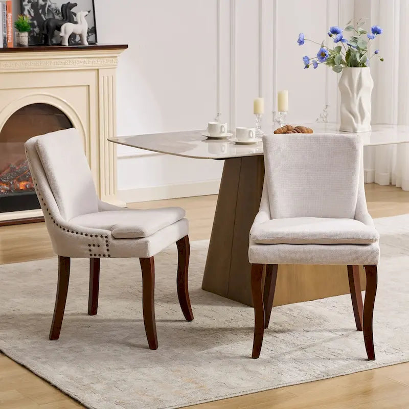 Double-layer Cushioned Dining Chair Chenille Mid-Back with Nailhead Trim and Bent Wood Legs