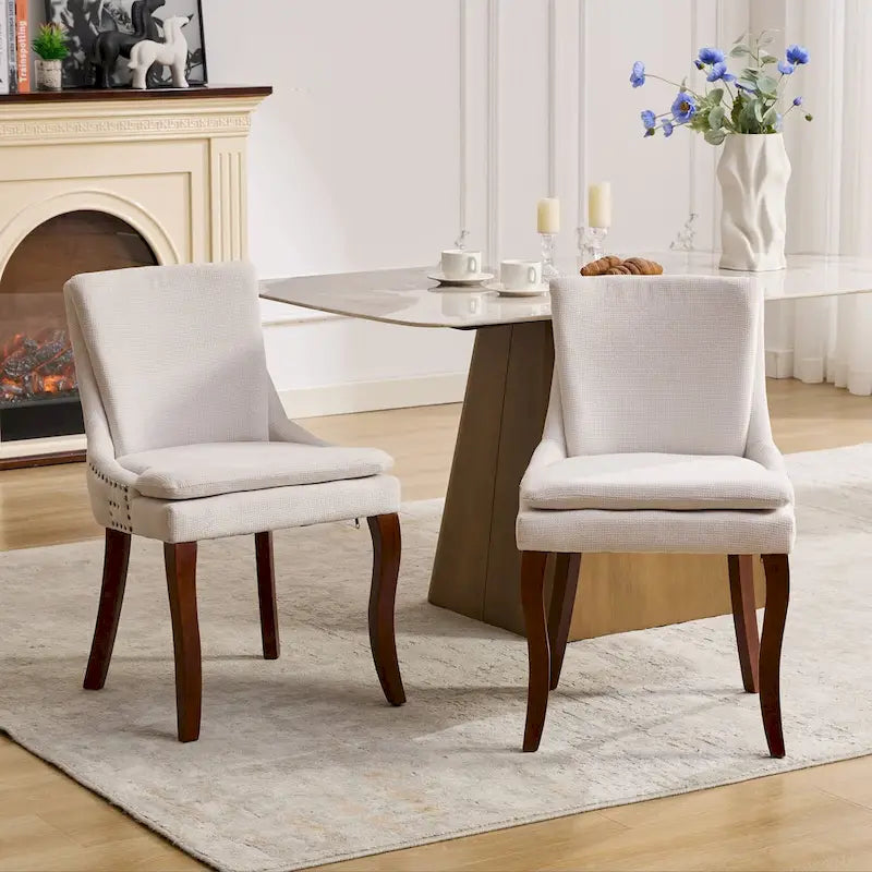 Double-layer Cushioned Dining Chair Chenille Mid-Back with Nailhead Trim and Bent Wood Legs