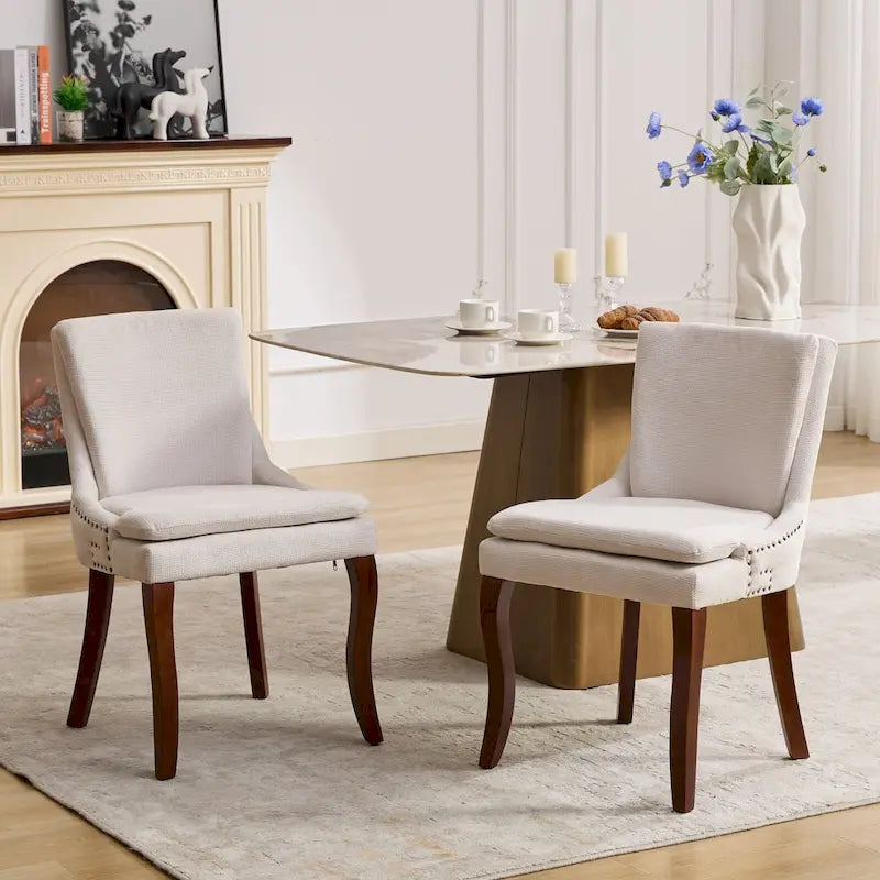 Double-layer Cushioned Dining Chair Chenille Mid-Back with Nailhead Trim and Bent Wood Legs