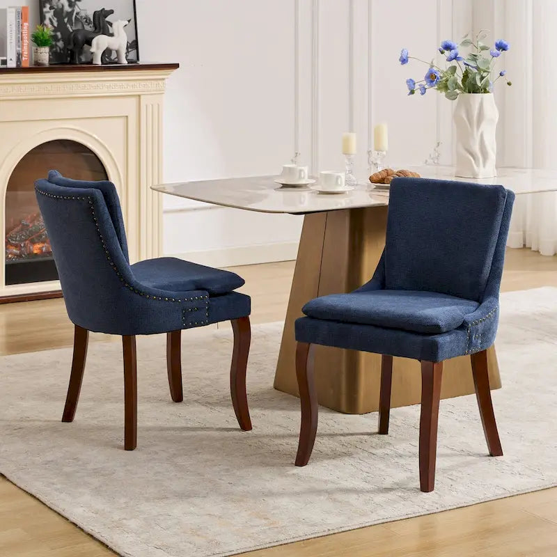 Double-layer Cushioned Dining Chair Chenille Mid-Back with Nailhead Trim and Bent Wood Legs