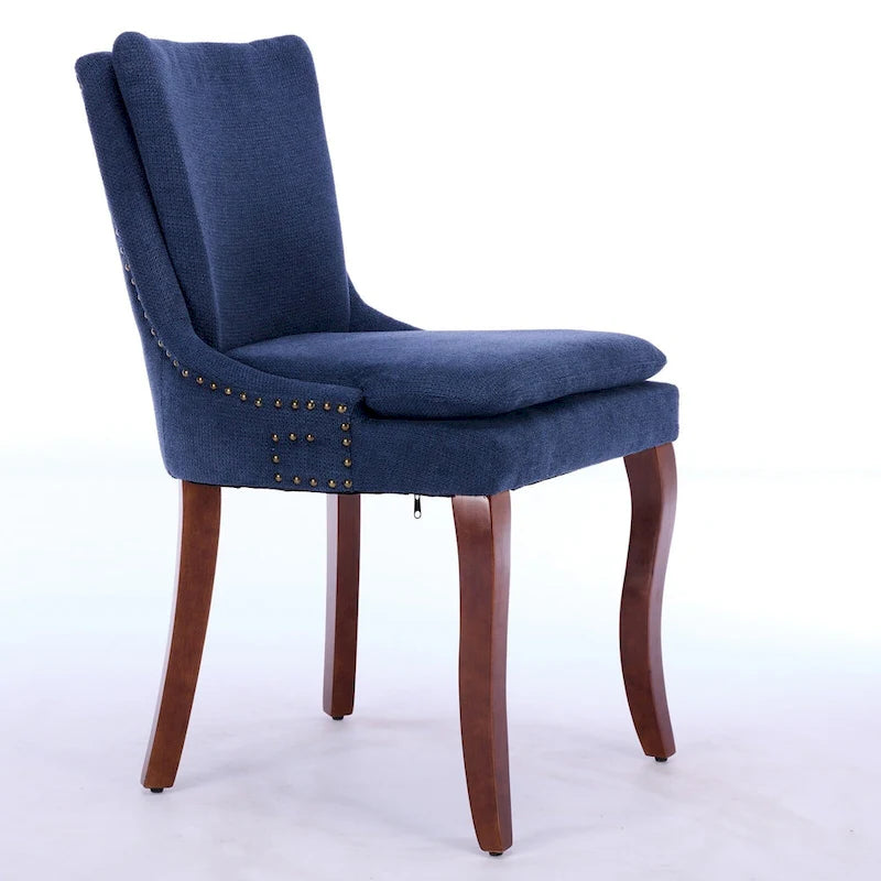 Double-layer Cushioned Dining Chair Chenille Mid-Back with Nailhead Trim and Bent Wood Legs