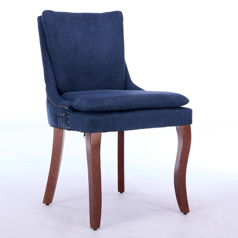 Double-layer Cushioned Dining Chair Chenille Mid-Back with Nailhead Trim and Bent Wood Legs