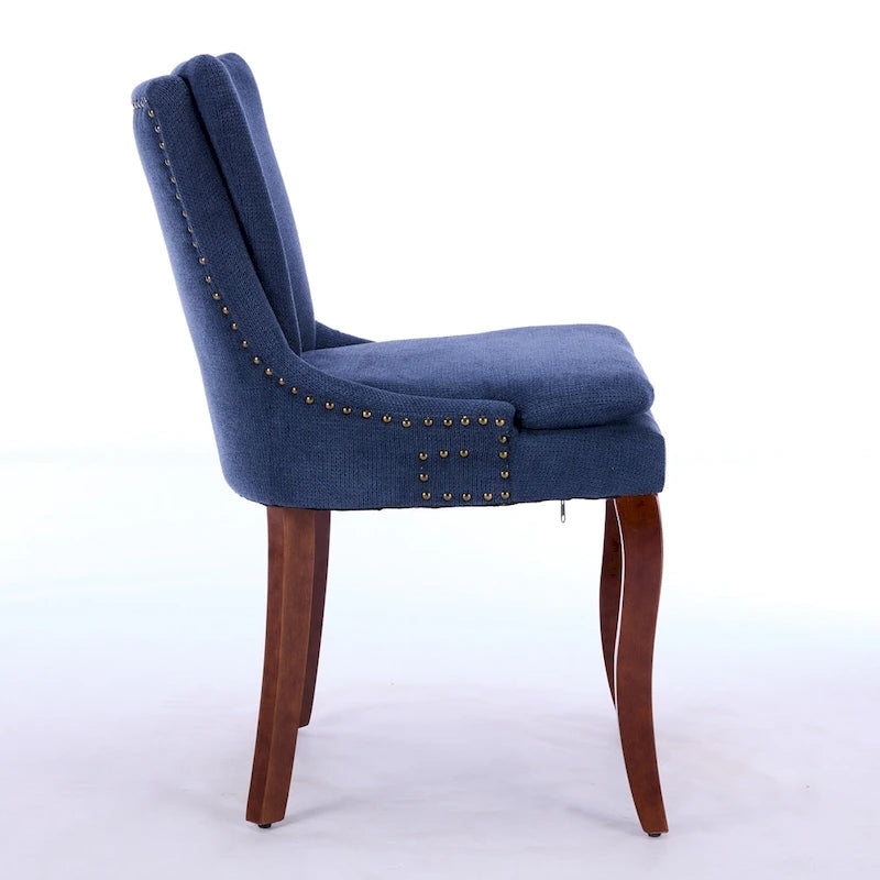 Double-layer Cushioned Dining Chair Chenille Mid-Back with Nailhead Trim and Bent Wood Legs