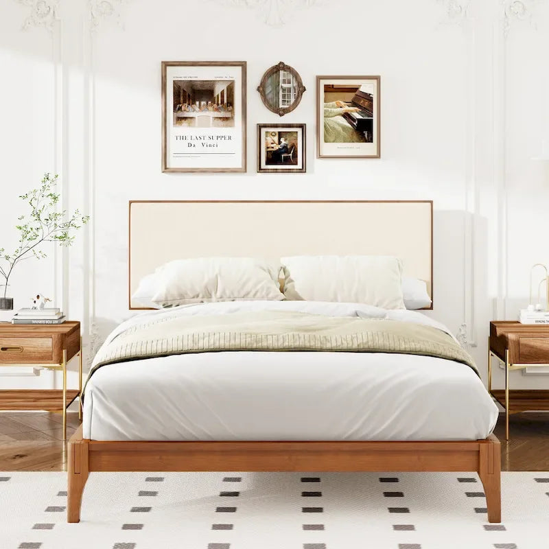 Solid Bamboo Wood Platform Bed with Upholstered Adjustable Headboard