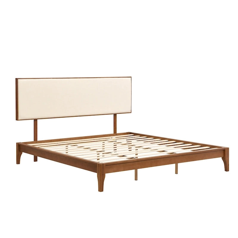 Solid Bamboo Wood Platform Bed with Upholstered Adjustable Headboard