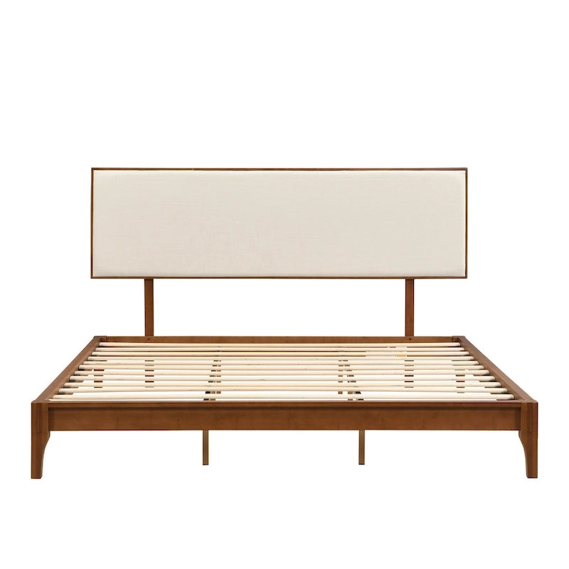 Solid Bamboo Wood Platform Bed with Upholstered Adjustable Headboard