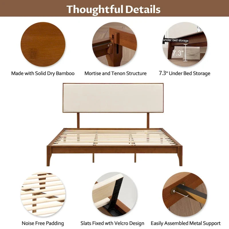 Solid Bamboo Wood Platform Bed with Upholstered Adjustable Headboard