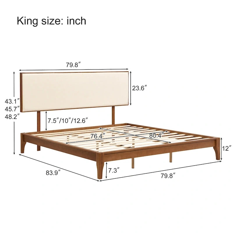 Solid Bamboo Wood Platform Bed with Upholstered Adjustable Headboard
