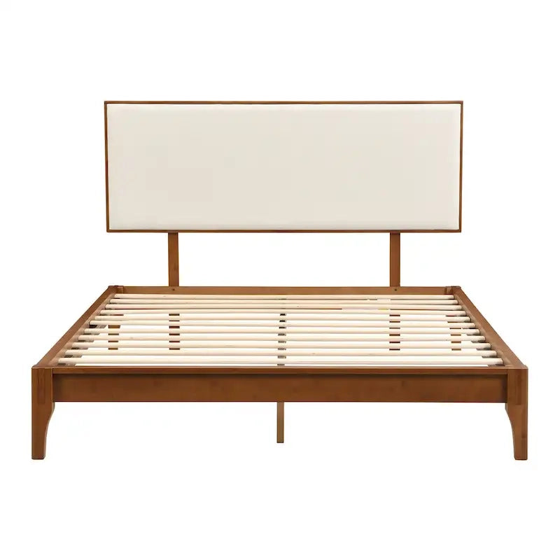 Solid Bamboo Wood Platform Bed with Upholstered Adjustable Headboard