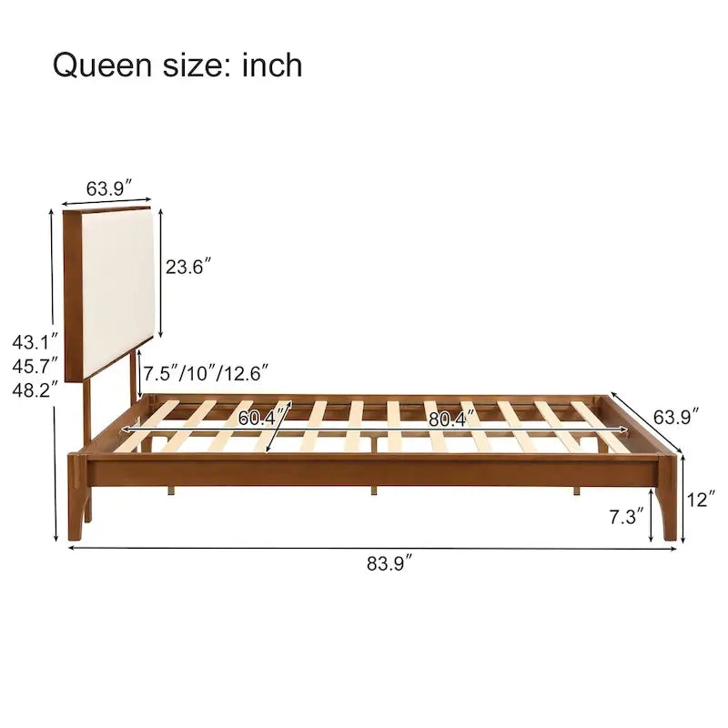 Solid Bamboo Wood Platform Bed with Upholstered Adjustable Headboard