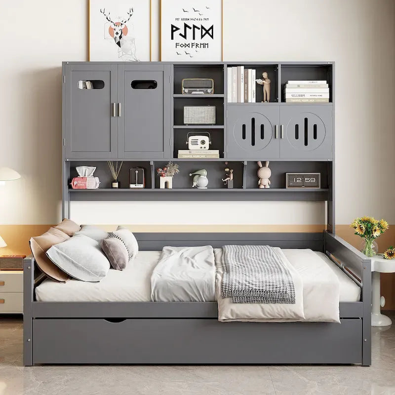 Full Size Daybed with Storage Cabinet and Shelf Solid Wood Bed Frame