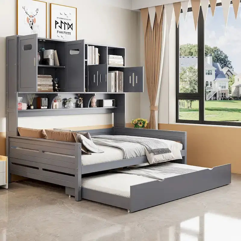 Full Size Daybed with Storage Cabinet and Shelf Solid Wood Bed Frame