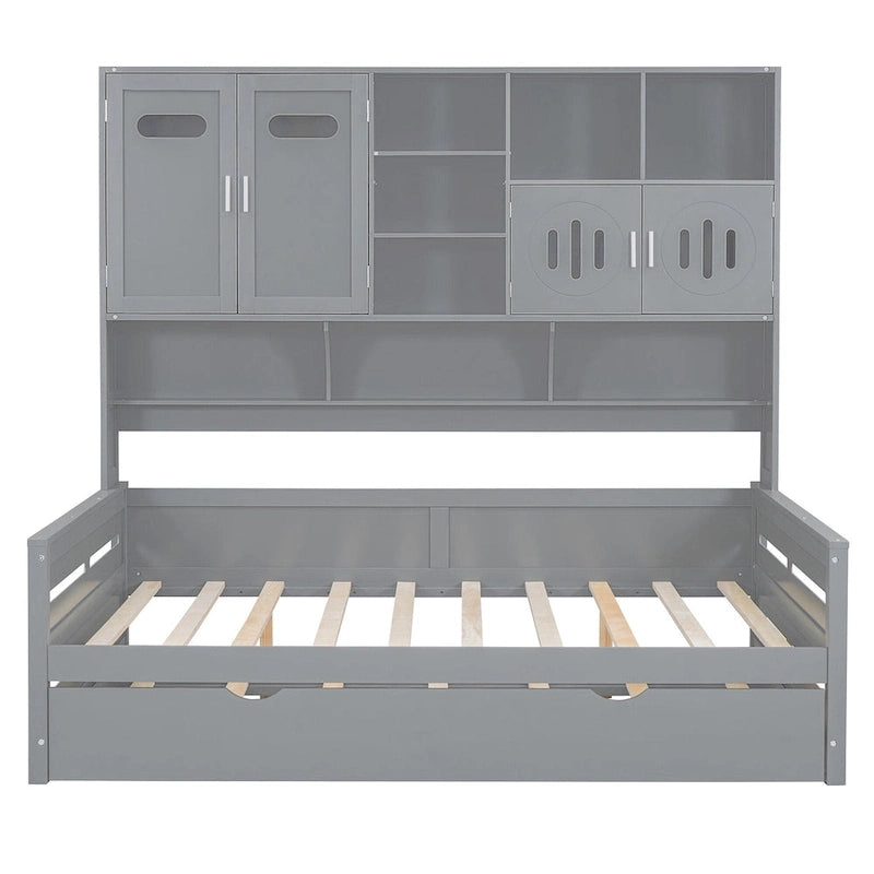 Full Size Daybed with Storage Cabinet and Shelf Solid Wood Bed Frame