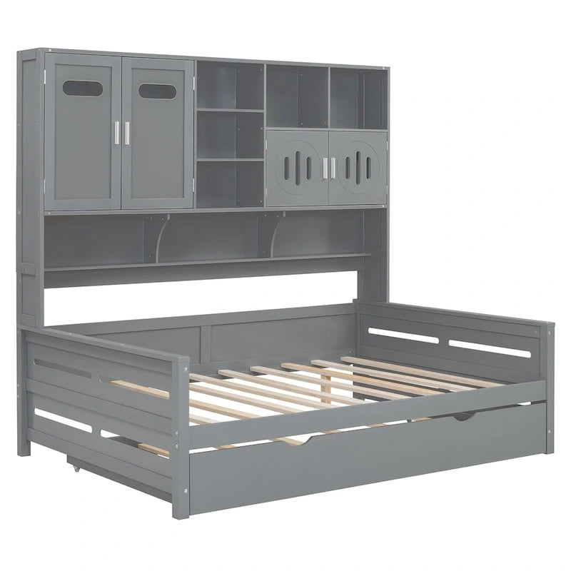 Full Size Daybed with Storage Cabinet and Shelf Solid Wood Bed Frame