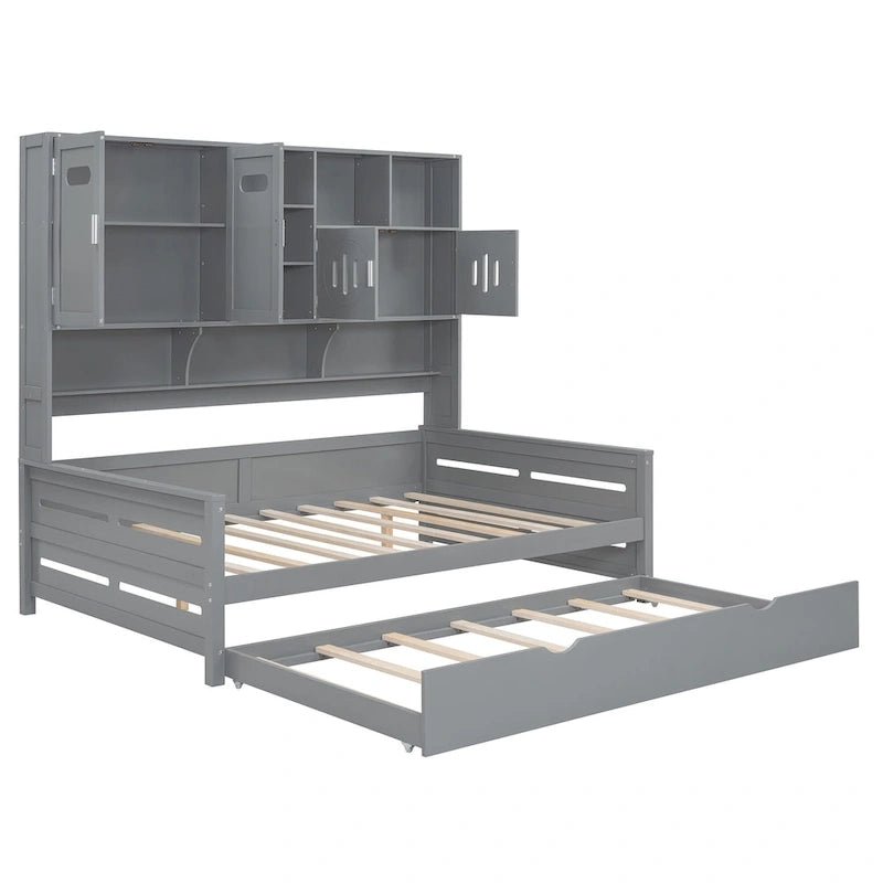 Full Size Daybed with Storage Cabinet and Shelf Solid Wood Bed Frame
