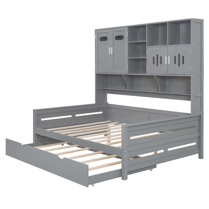 Full Size Daybed with Storage Cabinet and Shelf Solid Wood Bed Frame