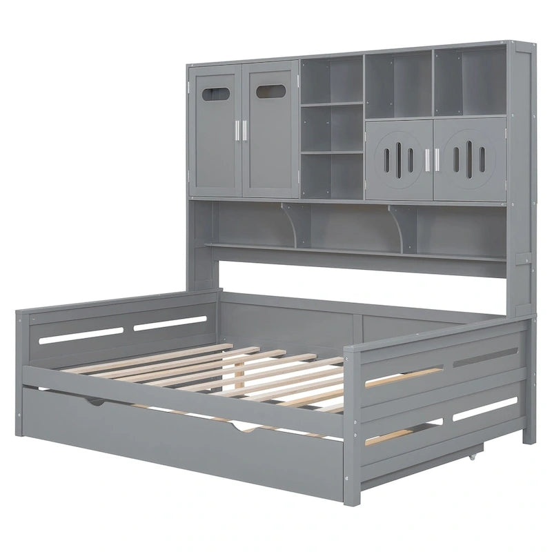 Full Size Daybed with Storage Cabinet and Shelf Solid Wood Bed Frame