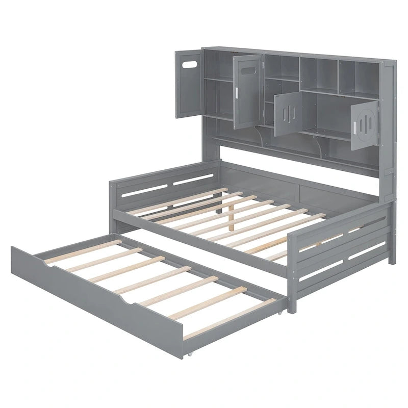 Full Size Daybed with Storage Cabinet and Shelf Solid Wood Bed Frame