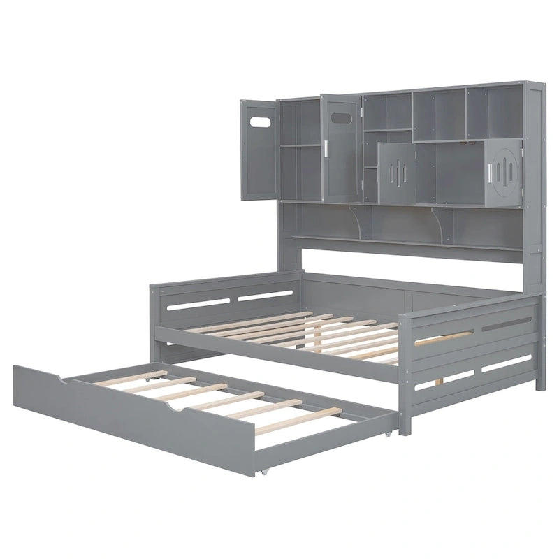 Full Size Daybed with Storage Cabinet and Shelf Solid Wood Bed Frame