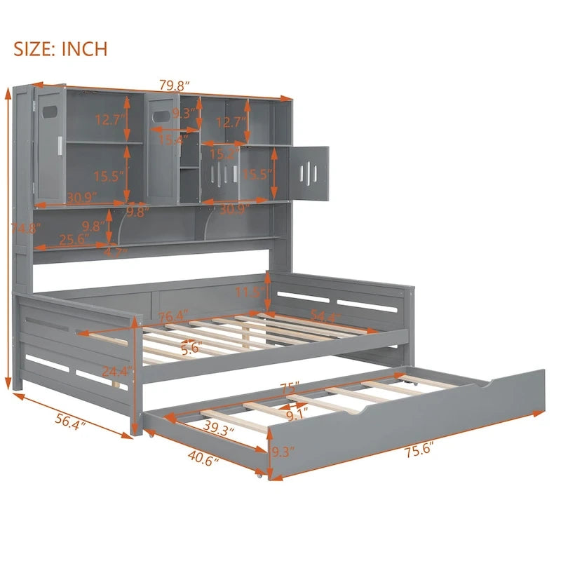 Full Size Daybed with Storage Cabinet and Shelf Solid Wood Bed Frame
