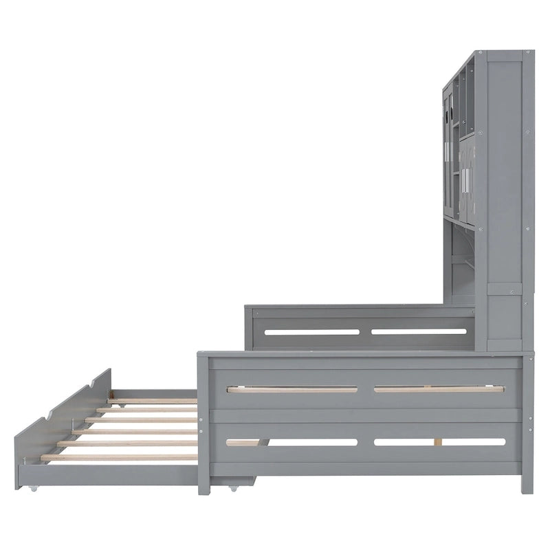 Full Size Daybed with Storage Cabinet and Shelf Solid Wood Bed Frame
