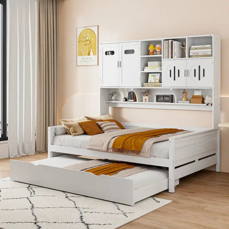 Full Size Daybed with Storage Cabinet and Shelf Solid Wood Bed Frame