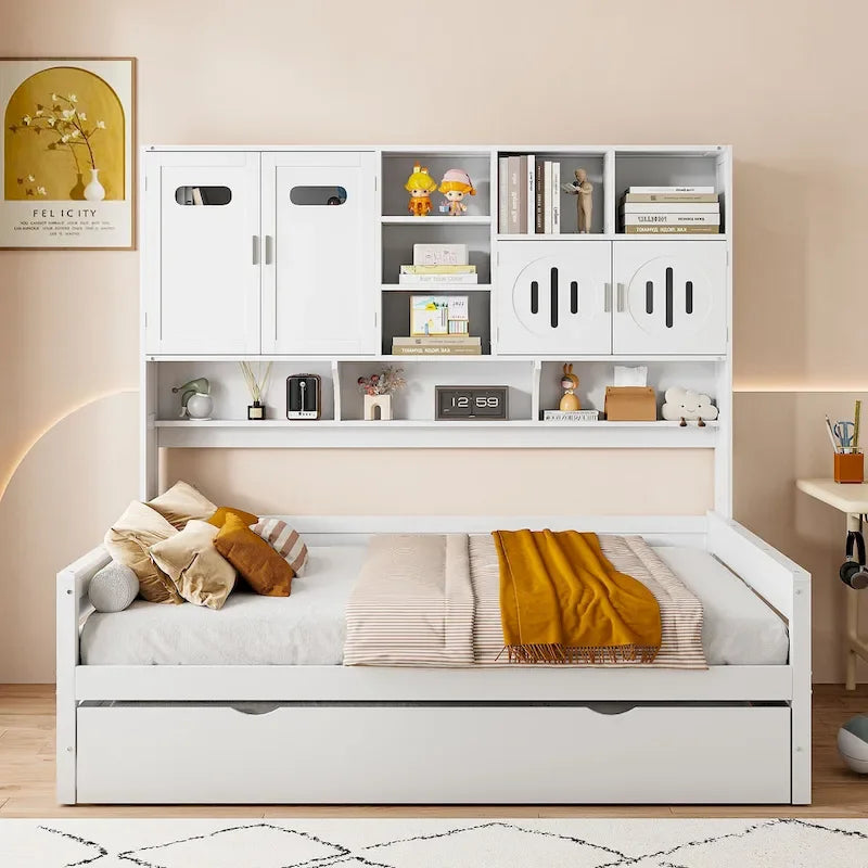 Full Size Daybed with Storage Cabinet and Shelf Solid Wood Bed Frame