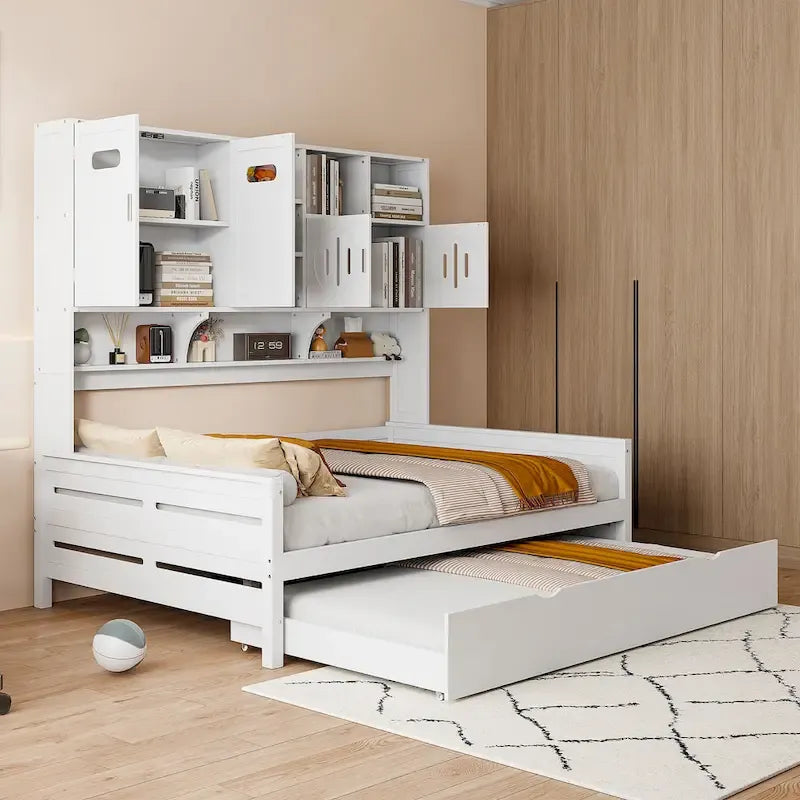 Full Size Daybed with Storage Cabinet and Shelf Solid Wood Bed Frame